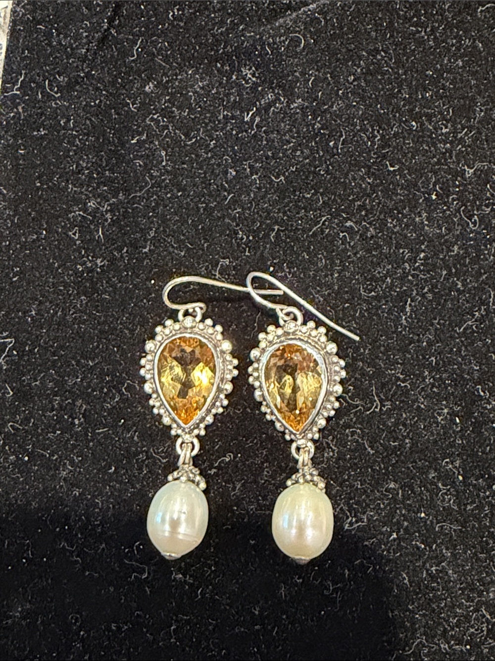 Vintage Silver pierced citrine & freshwater pearl silver drop earrings